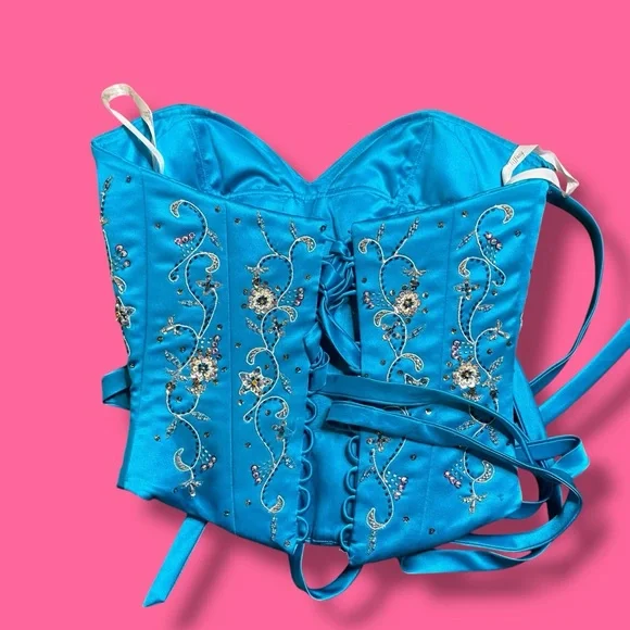 Vintage 1990s y2k Tiffany Designs Blue Hand Beaded Satin Corset Top Size 6 - Picture 5 of 5
